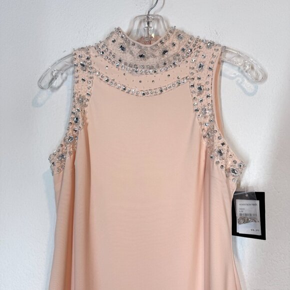 Pink Mini Cocktail Sheath Dress Sequin Rhinestone Cocktail Mock Neck 4 - Picture 4 of 13